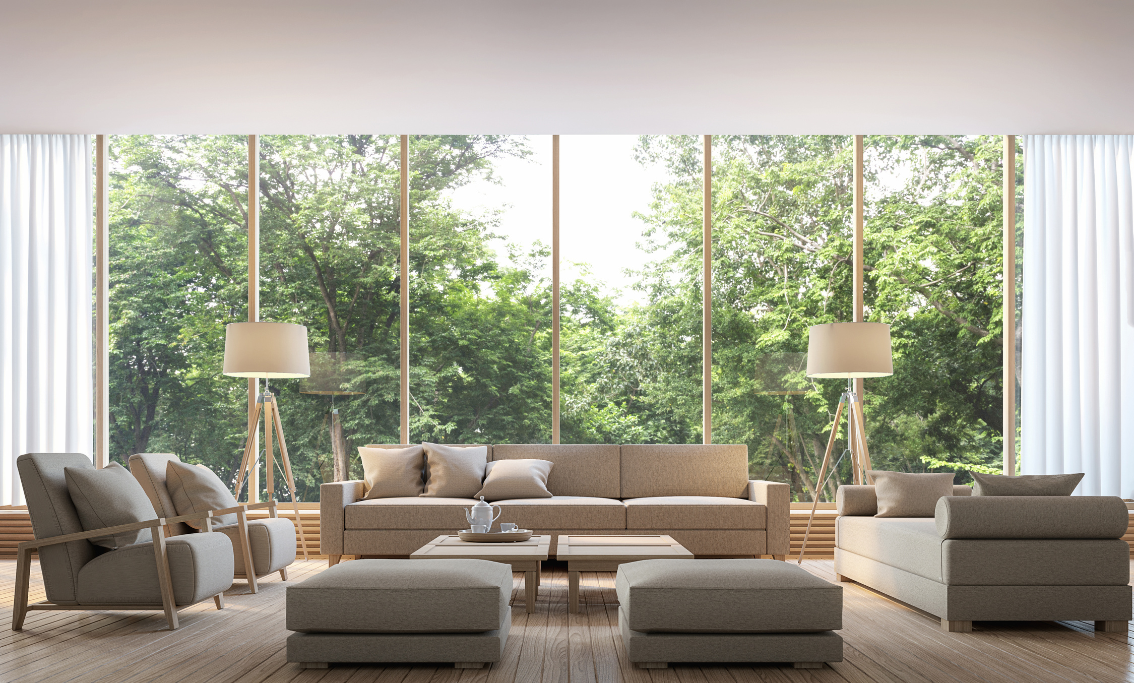 Wooden living room with nature view 3d render